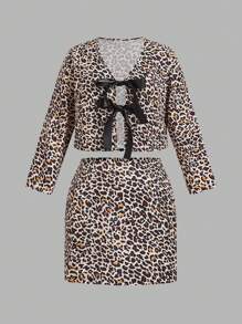 SHEIN Frenchy Plus Size Women's Leopard Print Bow Decor Long Sleeve Top And Skirt Set, Fashion Outfit For Autumn