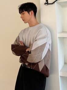 DAZY 男士菱形图案圆领宽松休闲毛衣，适合秋冬日常穿着 - 彩色 - 查看 7