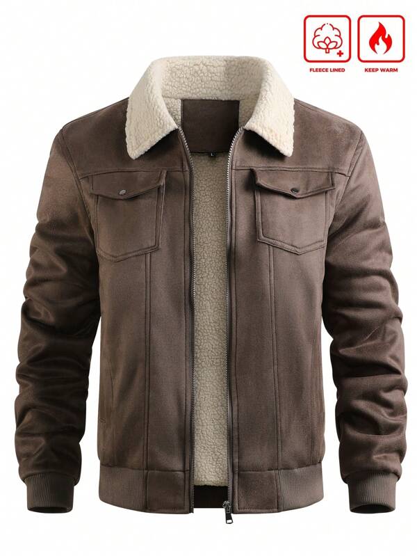 Manfinity Homme Men's Sherpa Fleece Jacket, Faux Suede Fur Collar