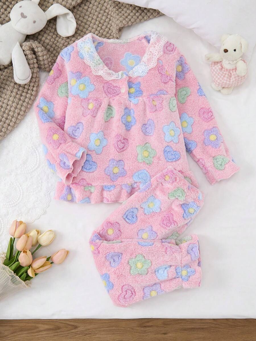 2 件套女童花卉蕾丝领、心形和花朵印花羊毛长袖上衣和裤子睡衣套装
