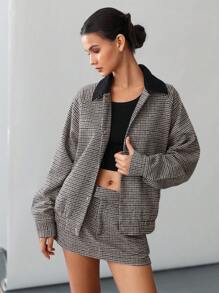 Aveloria Affinna Vintage-Style Plaid Color Block Collar Loose Jacket And Low Waist Shorts 2Pcs Suit For Women