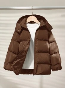 SHEIN 1 peça Casaco de inverno longo e grosso com capuz, jaqueta parka, para meninos/meninas, casual, versátil, confortável, solto, cor sólida, prático, com zíper, adequado para volta às aulas, aniversário, chá de bebê, festa de fim de ano, outono/inverno