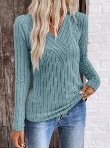 EMERY ROSE LUNE V领罗纹天鹅绒女上衣，全新跨境秋冬系列 - 藍色 - 查看 3