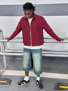 Manfinity VCAY Herren kariertes, locker geschnittenes, einfach geschlitztes, lässiges Langarmhemd