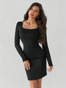 SHEIN Tall Women's Solid Color Knitted Stretch Fit Black Long Sleeve Dress - Black - View 2