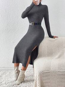 Firerie Women Plain High Neck Long Sleeve Split Hem Minimalist Dress