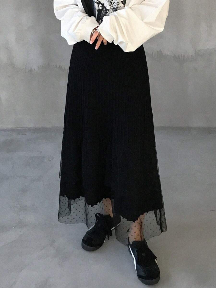 FRIFUL Women's Layered Design Mesh Contrast Sweater Skirt - Black - View 1