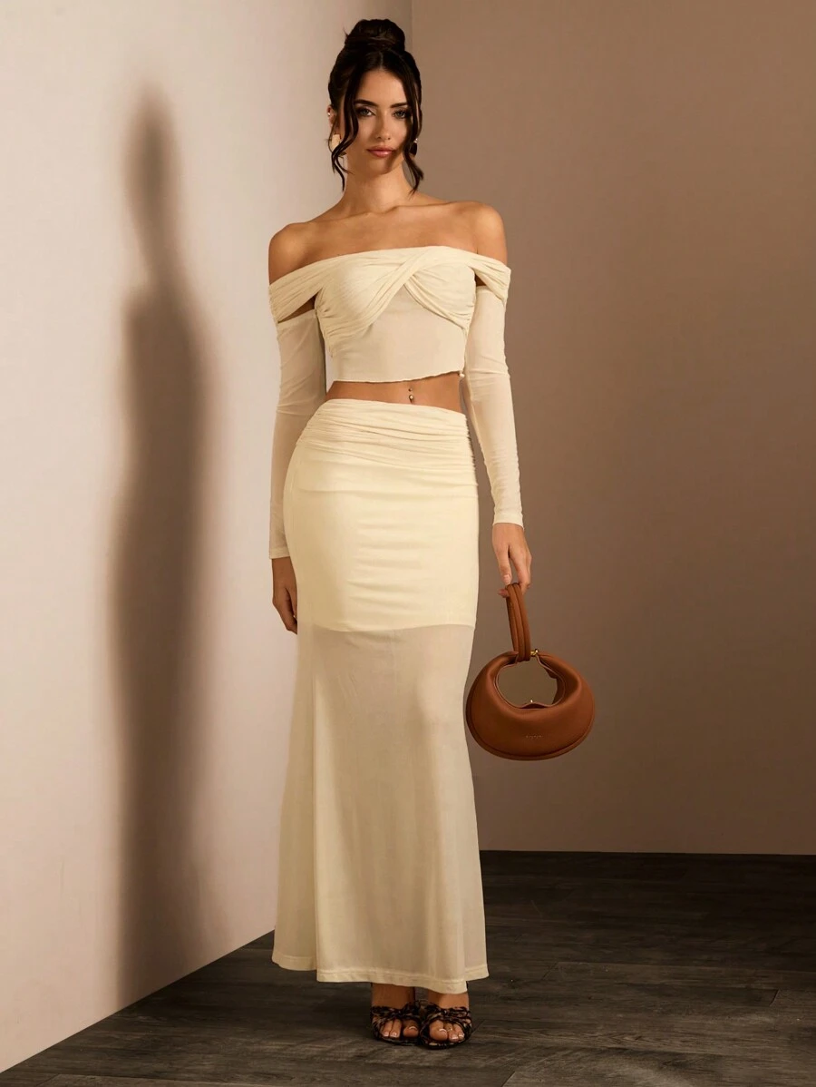 Glamine 女士露肩长袖短款上衣和长裙优雅两件套，两件套，露肩上衣 - 彩色 - 查看 1