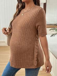 SHEIN Maternity Simple Casual Frill Crew Neck Pullover T-Shirt - Brown - View 1