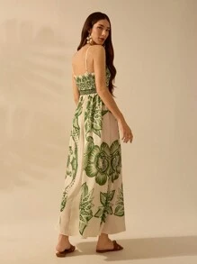 CAJUNI 女士波西米亚风热带绿色印花挂脖超长连衣裙夏季休闲海滩度假连衣裙 - 彩色 - 查看 2