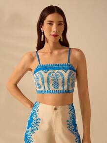 CAJUNI Women's Boho Blue Tropical Pineapple Print Lace Up Tank Top , Vacation Casual Summer Beach Tank Top - Blue and White - View 5