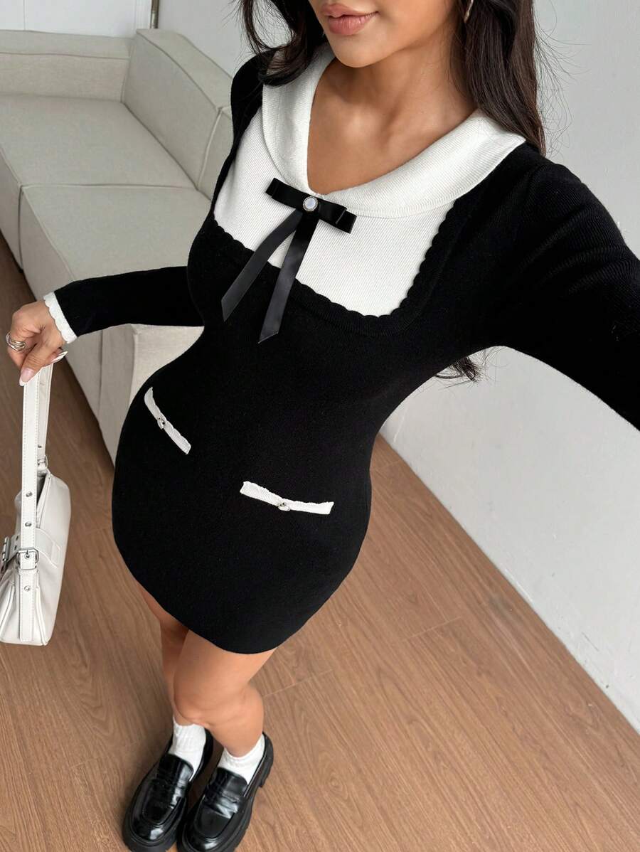 Flirla 秋冬拼色蝴蝶结针织连衣裙，优雅二合一拼布修身连衣裙 - 黑色 - 查看 1