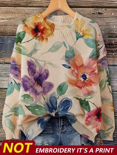 Maglione in maglia sottile a girocollo oversize da donna con stampa floreale, adatto per l'autunno e l'inverno