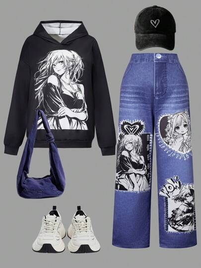 SHEIN Explorewe 2pcs/Set Anime Girl Printed Sweatshirt And Sweatpants Set For Teenage Girls, 2024 Autumn/Winter New Arrival