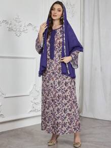 Al Najma Vestido con escote redondo, estampado con flores mixtas y ribete de color liso, con pañuelo para la cabeza, modesto