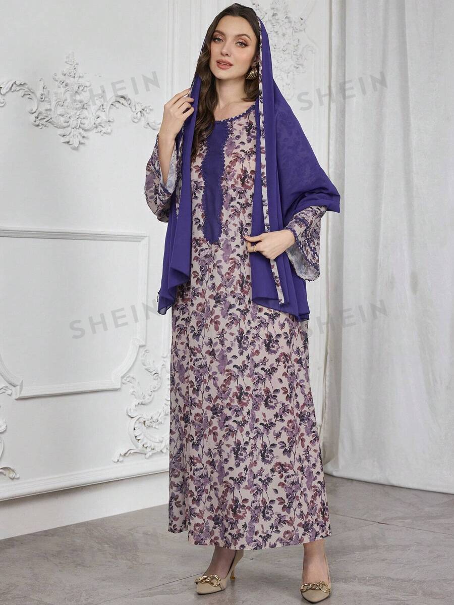 Al Najma Vestido con escote redondo, estampado con flores mixtas y ribete de color liso, con pañuelo para la cabeza, modesto