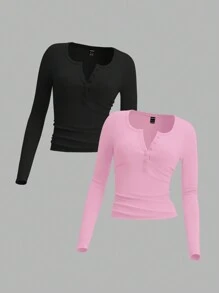 SHEIN EZwear Blusa básica de mujer de manga larga ajustada con botones delanteros, para uso casual diario en primavera
