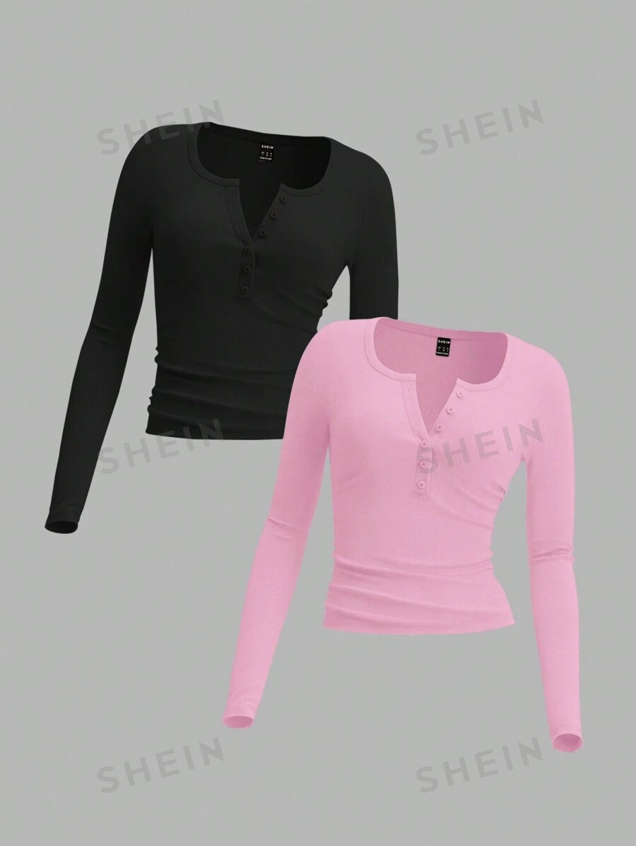 SHEIN EZwear Blusa básica de mujer de manga larga ajustada con botones delanteros, para uso casual diario en primavera