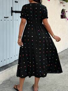 Calvaya Plus Size Women Round Neck Short Sleeve Ruffle Hem Casual Heart Print Dress