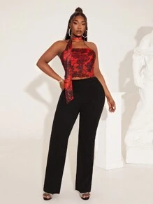 SHEIN SXY Plus Size Women's Black & Red Contrast Color Textured Print Mesh Crop Top (With Necktie) - Red - View 5