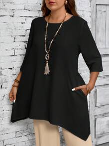 EMERY ROSE Plus Size Women Round Neck 3/4 Sleeve Asymmetric Hem Casual White Shirt, Spring & Summer Fall Women Clothes