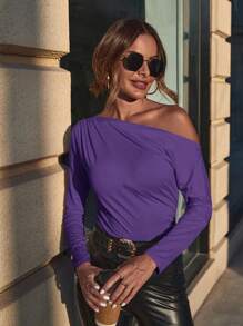SHEIN Clasi Asymmetrical Neck Ruched Long Sleeve Casual T-Shirt, Solid Color, Autumn - Purple - View 5
