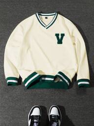 Manfinity Campus Court Felpa casual da uomo con stampa a lettere in floccato, scollo a V ampio, stile Y2K, adatta per il tennis, per l'autunno, manica lunga