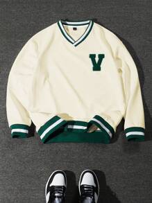 Manfinity Sporsity Men's Casual Fashion Letter Flocking Loose V-Neck Sweatshirt Y2k Jersey, For Tennis, For Fall