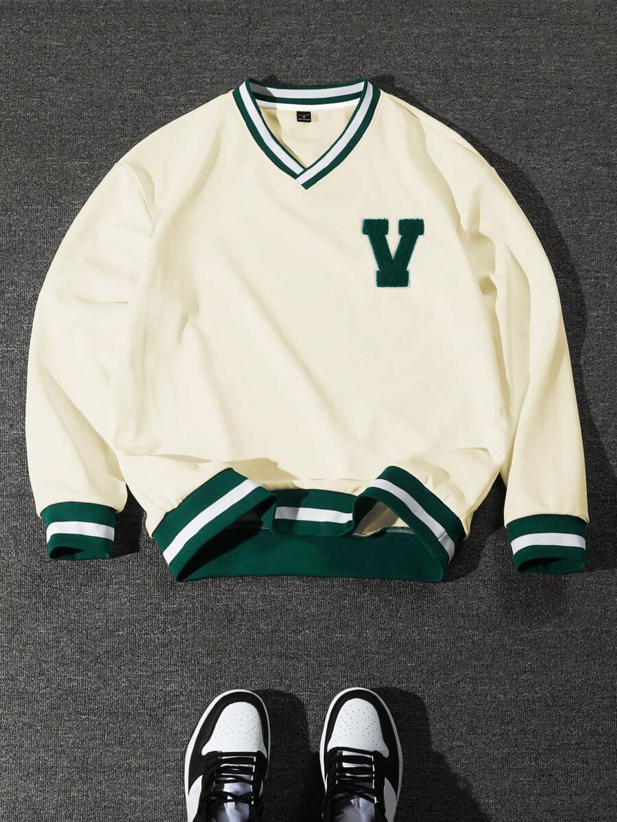 Manfinity Sporsity Men's Casual Fashion Letter Flocking Loose V-Neck Sweatshirt Y2k Jersey, For Tennis, For Fall