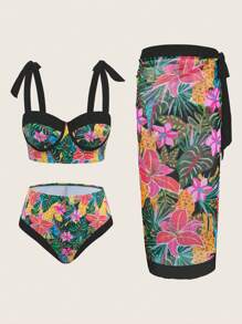 SHEIN Swim بيكيني مكون من 3 قطع مطبوع بطبعة نباتات استوائية مثير مع قطعة تغطية وتنورة، مناسبة للعطلات الشاطئية الصيفية