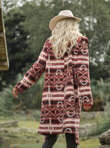 LanaWest New Floral Fluffy Hooded Long Cardigan For Women, Autumn/Winter