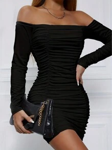 INAWLY Plus Size Elegant Sexy Ruched Black Dress