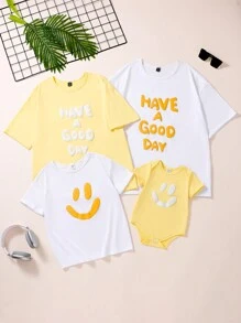 SHEIN 1 件女童黄色短袖上衣，休闲时尚设计，可爱外观，正面有黄色和白色 3D 植绒笑脸印花，牛奶丝面料舒适插肩圆领上衣，适合日常穿着、外出、旅行、室内和室外、夏季