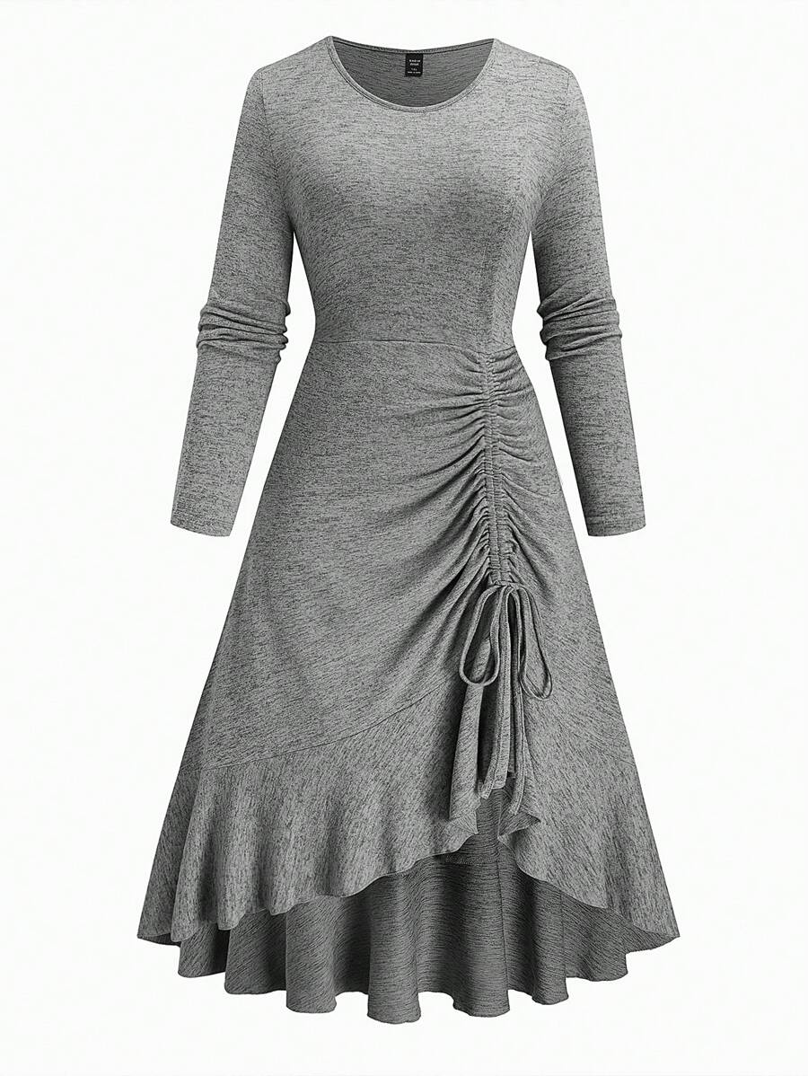 SHEIN Clasi Vestido casual de manga larga de cuello redondo con cordón y volantes de unicolor para mujer de talla grande