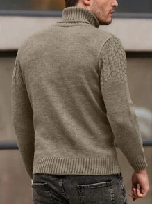 EURMUSE Solid Color High Neck Cable Knit Casual Pullover Sweater - Camel - View 2