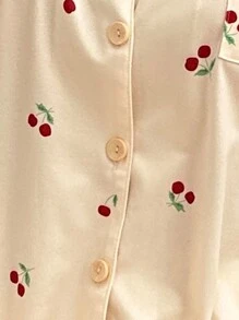 CottageSlumber CottageSlumber 2pcs/Set Women Contrast Color Lace Trim Collar Button Front Cardigan And Cherry Print Long Pants Pajama Set