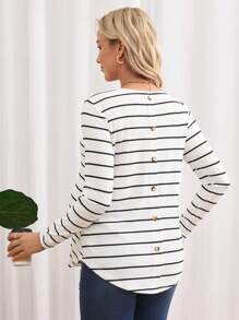 SHEIN Maternity Striped Button Back Long Sleeve Curved Hem Tee - Black and White - View 2