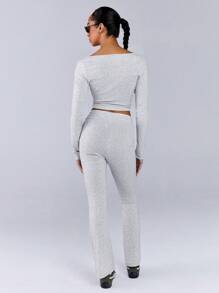 Athîral Women Casual Solid Color Long Sleeve Top And Leggings 2 Pieces Outfit - Light Grey - View 7