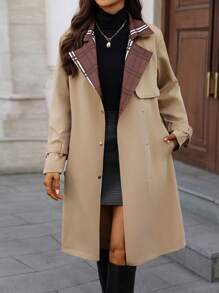 SHEIN Clasi Abrigo de gabardina para mujer con cintura entallada y cuello de cuadros, minimalista - Caqui - Ver 4