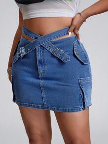 SHEIN ICON Plus Size Women Mini Sexy Denim Skirt