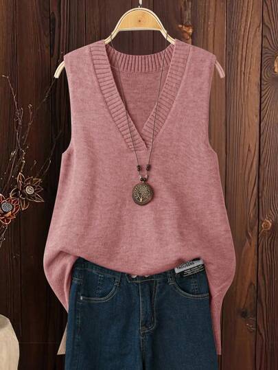 SHEIN LUNE Gilet tricoté ample pour femmes grande taille, col en V beige, fendu sur les côtés, ample et confortable, pour l'automne/hiver