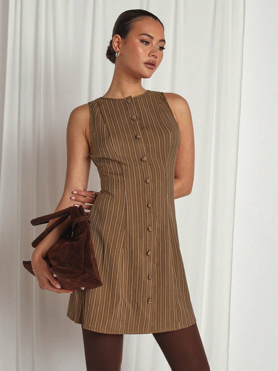 COSMINA Women's Front Button Sleeveless Striped Casual Mini Dress