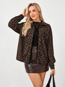 SHEIN LUNE Khaki Corduroy Leopard Print Casual Women's Coat - Khaki - View 3