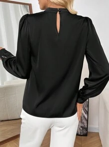 SHEIN Clasi Women's Elegant Contrast Color Ruffle Trim Buttoned Long Sleeve Shirt, Autumn/Winter Fall Cloth For Women - Black - View 2
