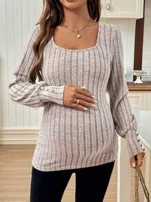SHEIN Maternity Round Neck Long Sleeve Button Cuff Ribbed Casual T-Shirt - Apricot - View 4