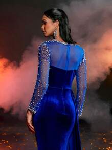Glamrae Elegant And Luxurious Sheer Long Sleeve Rhinestone And Pearl Embellished Stretch Silk Fabric Gathered Ruffle Slit Mermaid Skirt With Side Panels For Wedding Events Bachelorette Party, Prom, Formal Event Evening Dress (Heavily Embroidered Design)