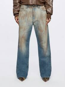 SUMWON WOMEN Baggy Vintage Mud Wash Distressed Jeans Y2K Wide Leg Denim Pants Grunge Streetwear Fall Winter Bottoms Skater Style Festival Fashion Statement Piece - Blue - View 1