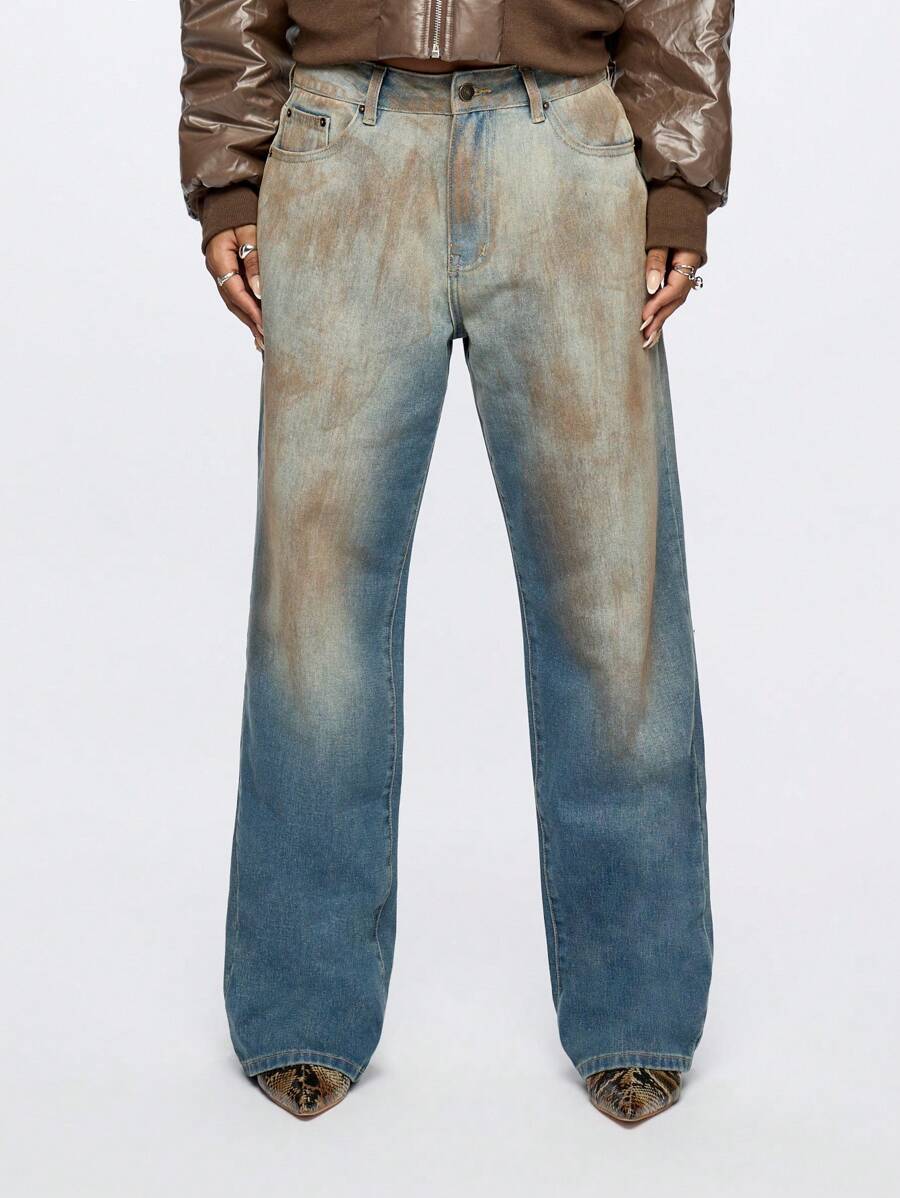 SUMWON WOMEN Baggy Vintage Mud Wash Distressed Jeans Y2K Wide Leg Denim Pants Grunge Streetwear Fall Winter Bottoms Skater Style Festival Fashion Statement Piece - Blue - View 1