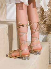 Girls Summer Lace Up Gold Color High Heel Sandals - Gold - View 4