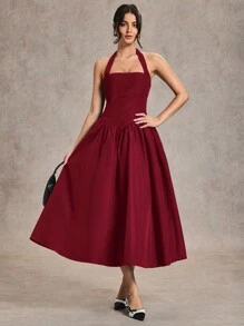 SHEIN BAE 优雅女士长裙，适合日常约会和外出，秋夏喇叭裙 - 酒紅色 - 查看 4